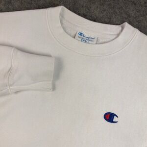 Champion Reverse Weave Mens White Crewneck Sweatshirt Embroidered Logo